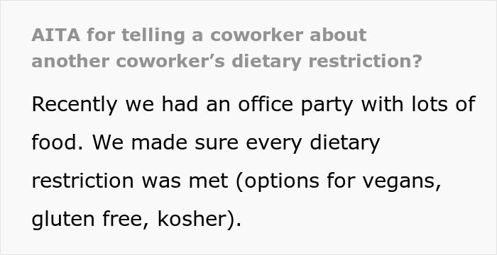 Text about coworker dietary restriction at an office party, gluten-free diet mentioned. Text about coworker dietary restriction at an office party, gluten-free diet mentioned.