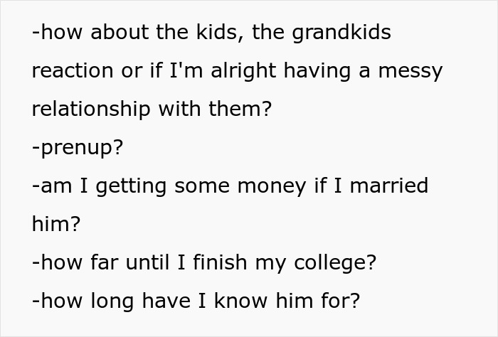 Text listing questions about family reactions and marriage decisions involving a sugar daddy. Text listing questions about family reactions and marriage decisions involving a sugar daddy.