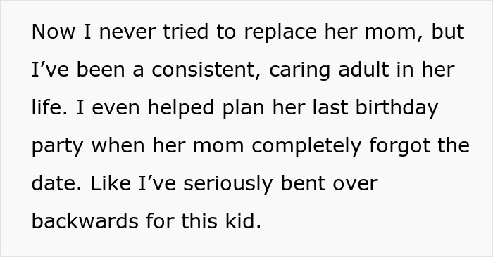Text discussing a caring adult's role in a child's life, involving birthday planning and not replacing her mom. Text discussing a caring adult's role in a child's life, involving birthday planning and not replacing her mom.