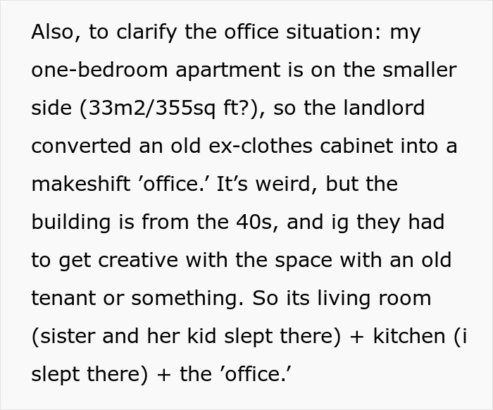 Text about small apartment conversion; highlights family drama and regret over hosting. Text about small apartment conversion; highlights family drama and regret over hosting.
