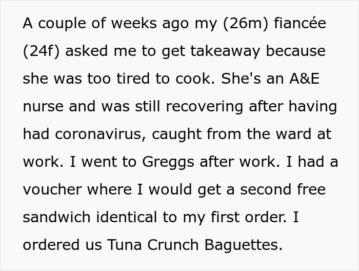 Text about a fiancée reconsidering relationship over a sandwich order at Greggs, mentioning Tuna Crunch Baguettes.