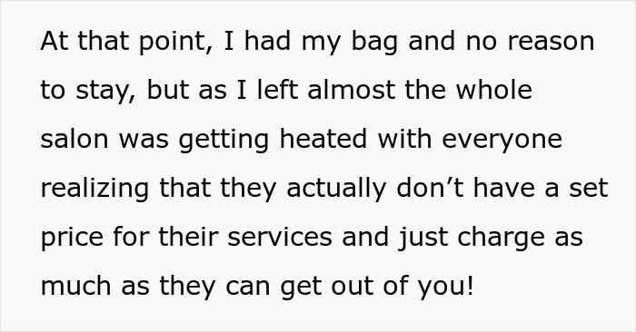 Text describing a customer venting about nail salon prices, causing chaos as others react to the lack of set service prices. Text describing a customer venting about nail salon prices, causing chaos as others react to the lack of set service prices.
