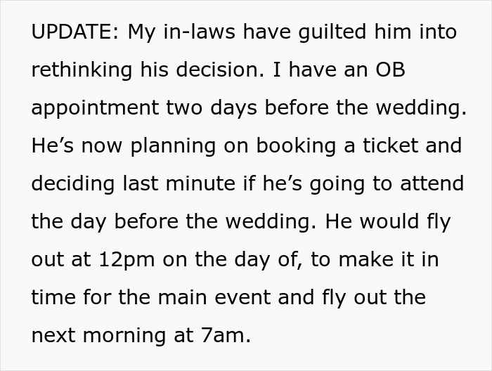 Husband reconsiders attending sister's wedding close to mom-to-be's due date after family discussion. Husband reconsiders attending sister's wedding close to mom-to-be's due date after family discussion.
