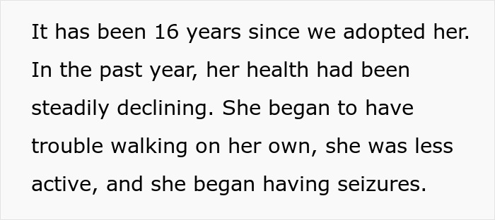 Text about a dog adopted 16 years ago and her health declining. Text about a dog adopted 16 years ago and her health declining.