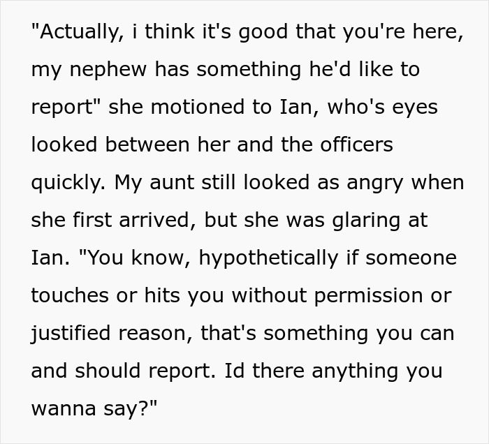 Text discussing reporting inappropriate behavior; aunt addresses nephew and officers with an angry look. Text discussing reporting inappropriate behavior; aunt addresses nephew and officers with an angry look.