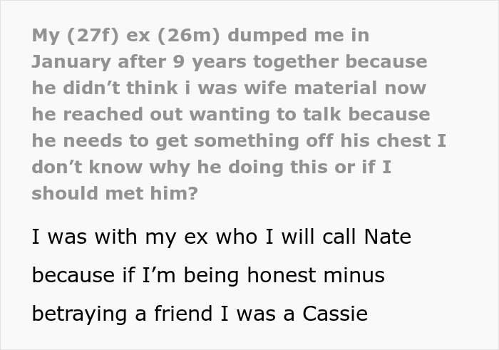 Text message about a woman dumped after 9 years, with her ex wanting to reconnect after rejection by his crush. Text message about a woman dumped after 9 years, with her ex wanting to reconnect after rejection by his crush.