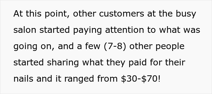 Text about nail salon customers discussing prices, noting amounts from $30 to $70. Text about nail salon customers discussing prices, noting amounts from $30 to $70.
