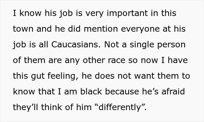 Text excerpt discussing a fiancée's suspicion about her partner's behavior related to her being Black. Text excerpt discussing a fiancée's suspicion about her partner's behavior related to her being Black.