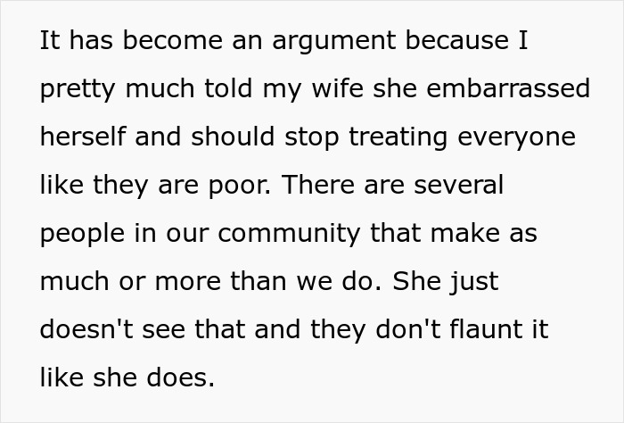 Text about a wife flaunting money, advised to stop as others in the community are wealthier but more modest. Text about a wife flaunting money, advised to stop as others in the community are wealthier but more modest.