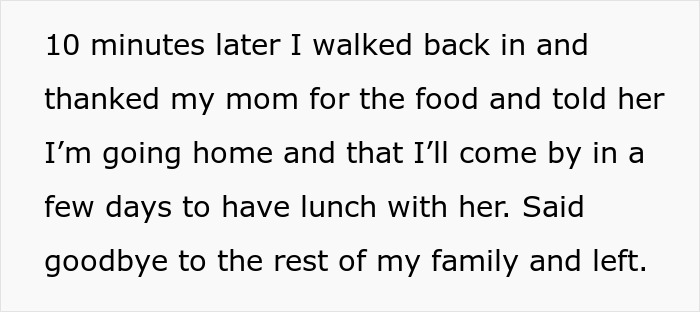 Text message about leaving after a family dinner due to a food disagreement. Text message about leaving after a family dinner due to a food disagreement.