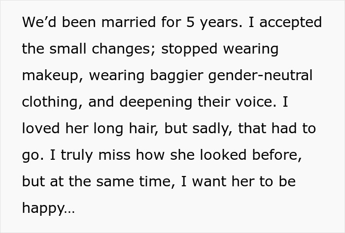 Text excerpt describing a spouse’s transition experience, reflecting on changes and feelings about their wife coming out as trans. Text excerpt describing a spouse’s transition experience, reflecting on changes and feelings about their wife coming out as trans.