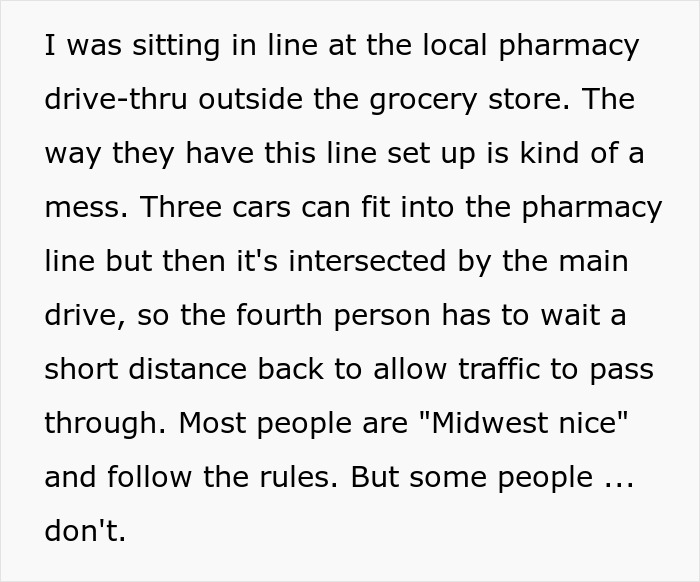 Text story about petty revenge on an arrogant driver at a pharmacy drive-thru line. Text story about petty revenge on an arrogant driver at a pharmacy drive-thru line.