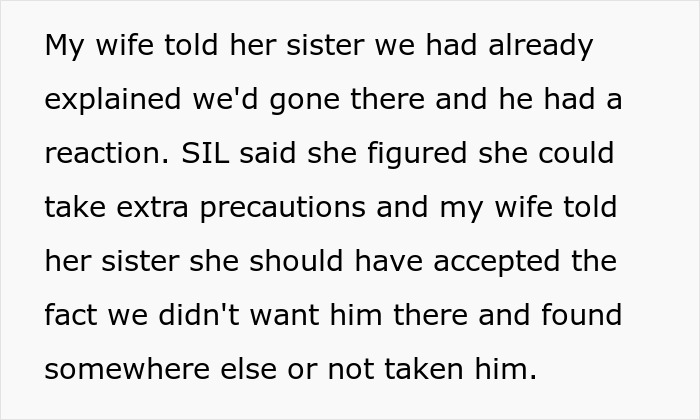 Text discussing SIL disregarding 7YO's allergies despite parental warnings. Text discussing SIL disregarding 7YO's allergies despite parental warnings.