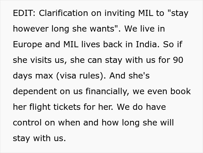 Text clarifying MIL's visit duration to Europe, limited to 90 days due to visa rules and financial dependency. Text clarifying MIL's visit duration to Europe, limited to 90 days due to visa rules and financial dependency.