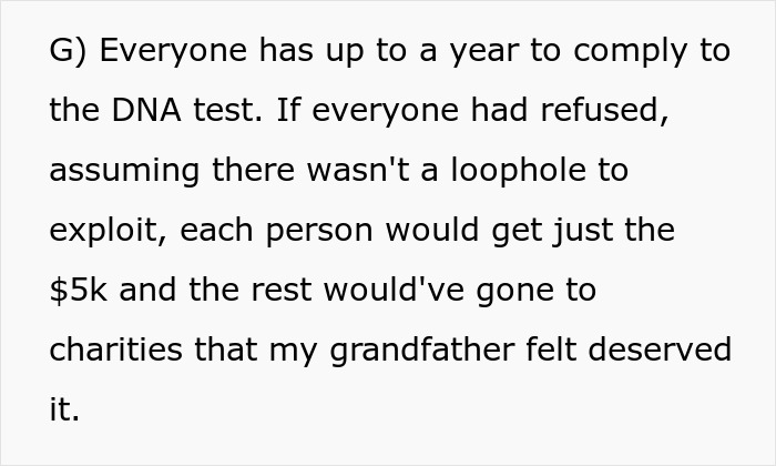 Text details a DNA test condition in a petty will, revealing affairs and inheritance stipulations. Text details a DNA test condition in a petty will, revealing affairs and inheritance stipulations.