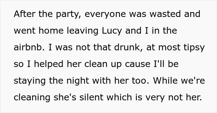 Text discussing a party aftermath with the bride learning of a bet made by her fiancé and best friend before the wedding. Text discussing a party aftermath with the bride learning of a bet made by her fiancé and best friend before the wedding.