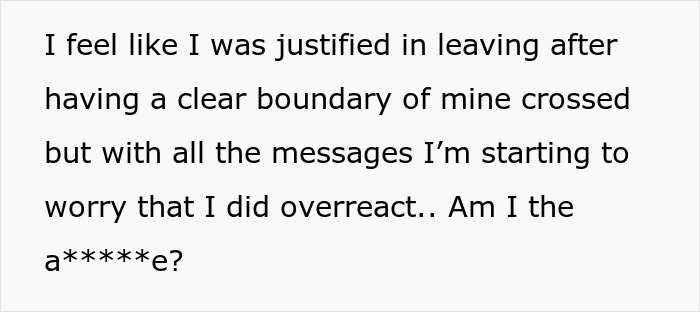 Text questioning someone's reaction after a family boundary is crossed about food. Text questioning someone's reaction after a family boundary is crossed about food.