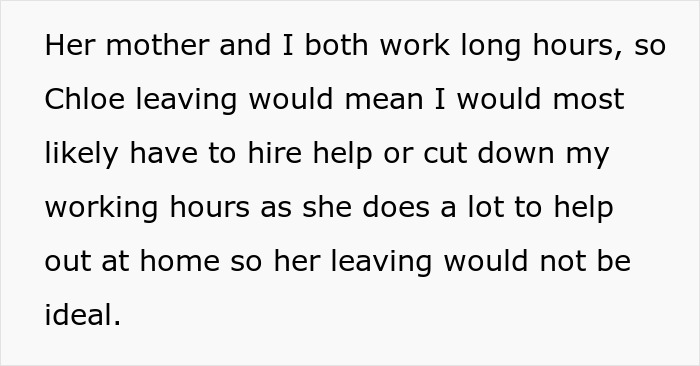 Text discussing a stepdaughter's helpful chores at home, highlighting the impact of her potential departure. Text discussing a stepdaughter's helpful chores at home, highlighting the impact of her potential departure.