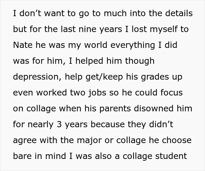 Text describing a woman's nine-year relationship and support for her ex. Text describing a woman's nine-year relationship and support for her ex.