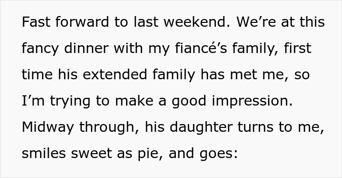 Text about a fiance's family dinner where his daughter comments, related to themes of gold digger perception. Text about a fiance's family dinner where his daughter comments, related to themes of gold digger perception.