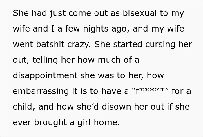Text excerpt describing a dad defending his bisexual daughter while wife threatens divorce over family embarrassment concerns.