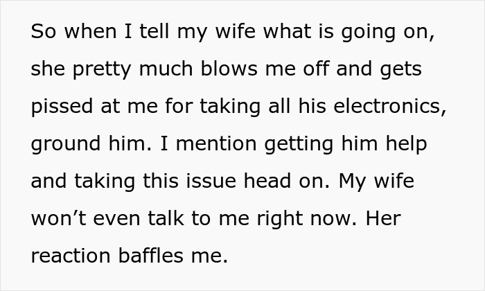 Text excerpt showing a husband explaining his wife’s shocking defense of their teen son caught creeping around neighbor’s yard at night. Text excerpt showing a husband explaining his wife’s shocking defense of their teen son caught creeping around neighbor’s yard at night.