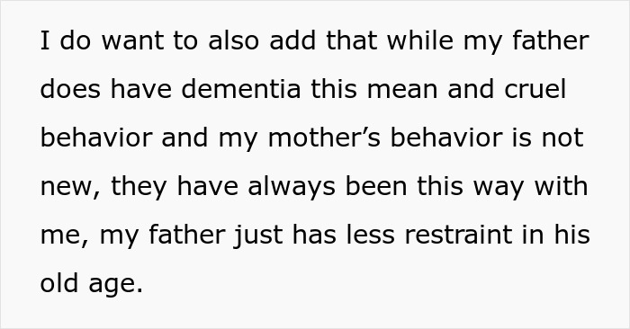 Text describing a woman's cruel father, mentioning his dementia and longstanding behavior. Text describing a woman's cruel father, mentioning his dementia and longstanding behavior.