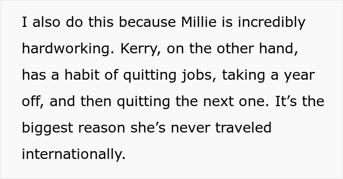 Text discusses reasons for not inviting cousin to wedding or paying for her trip, mentioning job quitting habits. Text discusses reasons for not inviting cousin to wedding or paying for her trip, mentioning job quitting habits.