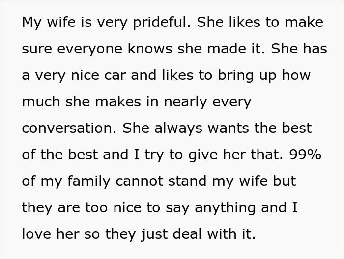 Text about a prideful wife flaunting her wealth and family tensions. Text about a prideful wife flaunting her wealth and family tensions.