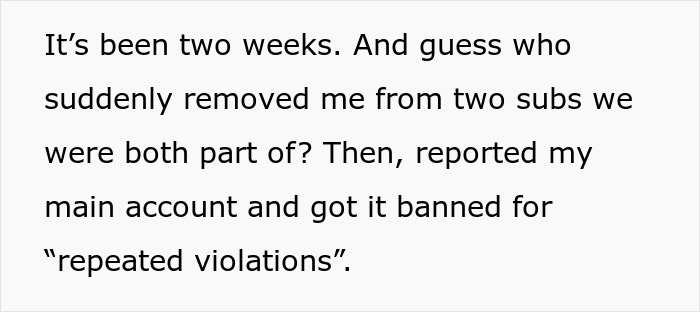 Text about issues with a Reddit mod, account removal, and a ban for "repeated violations. Text about issues with a Reddit mod, account removal, and a ban for "repeated violations.