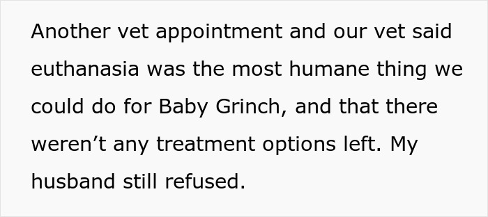 Text about a vet recommending euthanasia for a dying dog, Baby Grinch, while the husband disagrees. Text about a vet recommending euthanasia for a dying dog, Baby Grinch, while the husband disagrees.