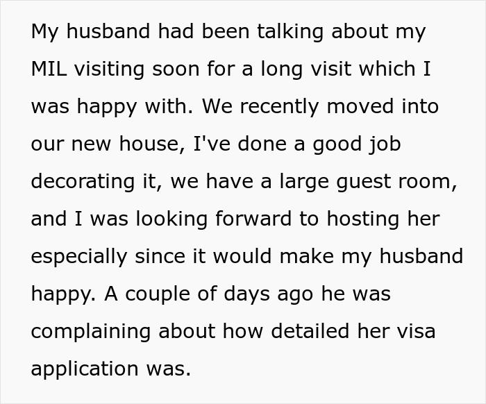 Text discussing a mother-in-law's extended visit expectations and visa application details. Text discussing a mother-in-law's extended visit expectations and visa application details.