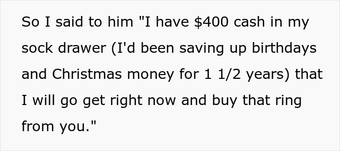 Text about a $400 ring purchase reflecting millionaire neighbor's fiancée wanting something different and a pricey gift. Text about a $400 ring purchase reflecting millionaire neighbor's fiancée wanting something different and a pricey gift.