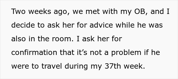Text discussing a mom-to-be seeking advice on her husband traveling close to her due date. Text discussing a mom-to-be seeking advice on her husband traveling close to her due date.