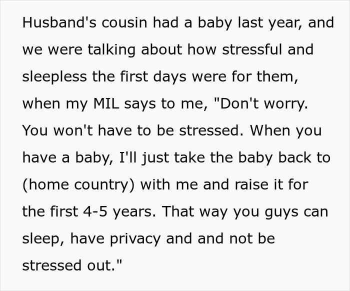 Text exchange about MIL's comment on taking the baby, causing fear and concern. Text exchange about MIL's comment on taking the baby, causing fear and concern.