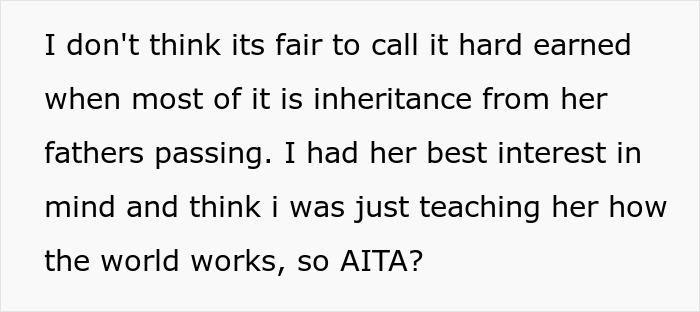 Text screenshot discussing stepdaughter, chores, inheritance, and teaching life lessons. Text screenshot discussing stepdaughter, chores, inheritance, and teaching life lessons.
