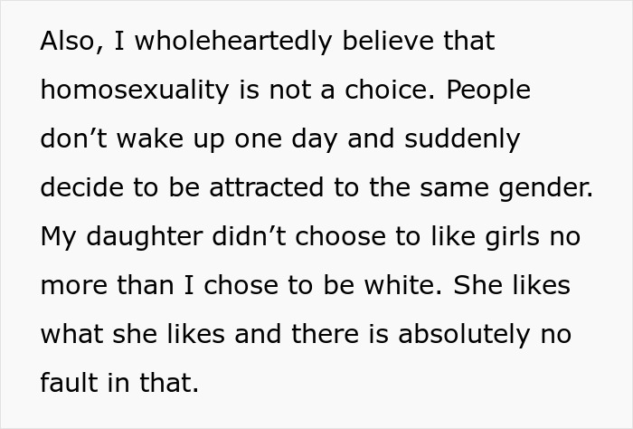 Text expressing belief that homosexuality is not a choice, defending bi daughter’s lifestyle amid family conflict.