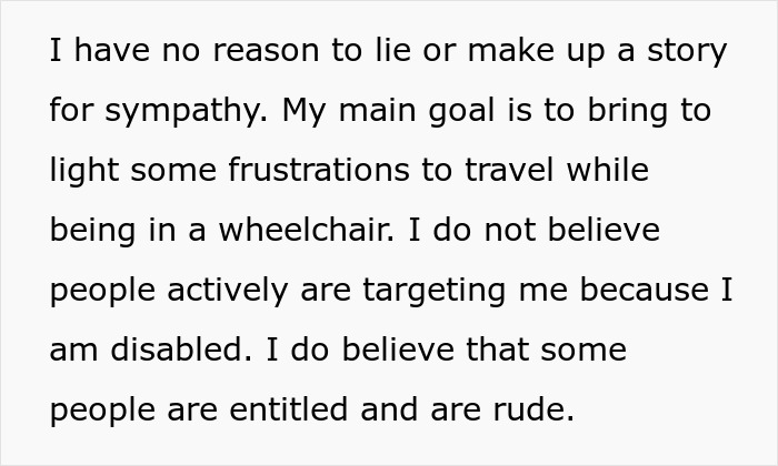Text discussing frustrations of wheelchair travel and entitled rude behavior. Text discussing frustrations of wheelchair travel and entitled rude behavior.