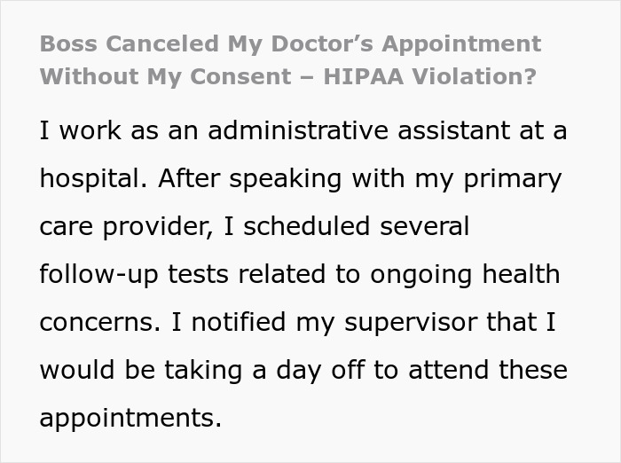 Text about boss canceling doctor's appointment, discussing HIPAA and consent issues in a workplace context. Text about boss canceling doctor's appointment, discussing HIPAA and consent issues in a workplace context.