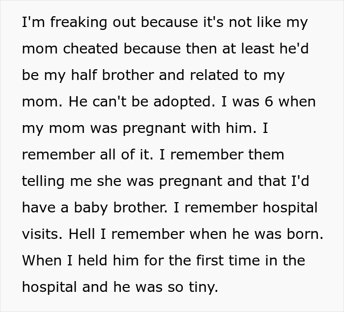 Text expressing a woman's shock at unexpected family DNA results. Text expressing a woman's shock at unexpected family DNA results.