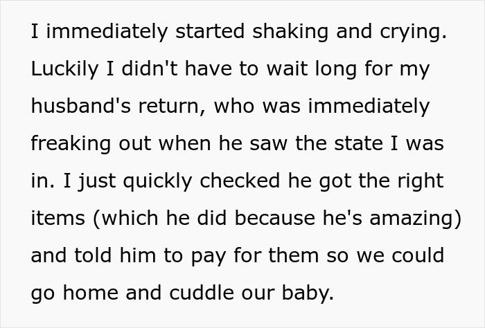 Text about new mom's emotional experience and husband's supportive reaction. Text about new mom's emotional experience and husband's supportive reaction.