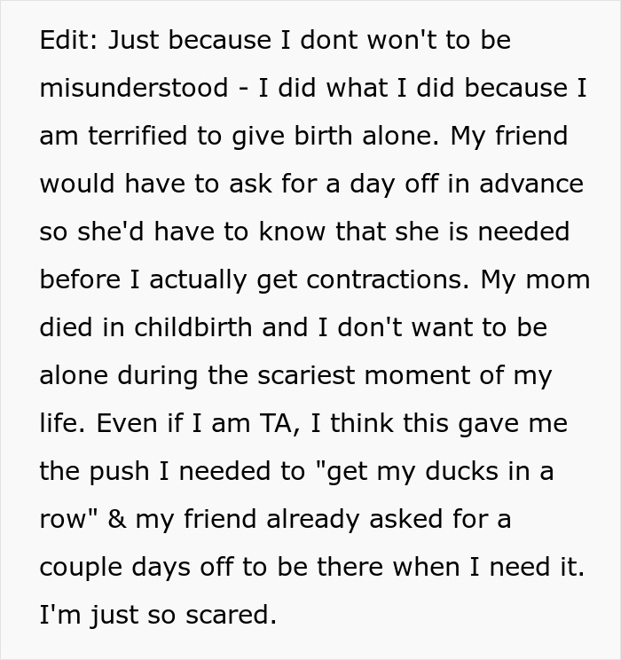 Text detailing a mom-to-be's fear of giving birth alone, expressing her need for support. Text detailing a mom-to-be's fear of giving birth alone, expressing her need for support.