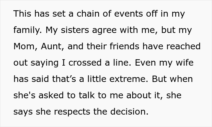 Text message discussing family conflict and husband banning family from birth due to treatment of pregnant wife. Text message discussing family conflict and husband banning family from birth due to treatment of pregnant wife.