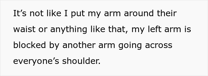 Text message discussing arm placement in a group photo with a woman's reaction. Text message discussing arm placement in a group photo with a woman's reaction.