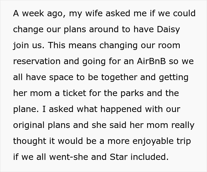 Text detailing a change in vacation plans involving a mother-in-law and an Airbnb. Text detailing a change in vacation plans involving a mother-in-law and an Airbnb.