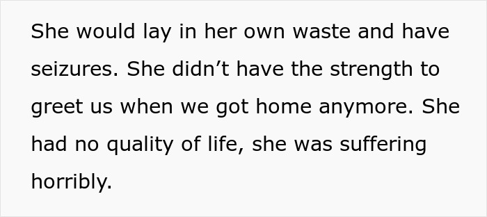 Text discussing a dog's suffering and lack of quality of life. Text discussing a dog's suffering and lack of quality of life.