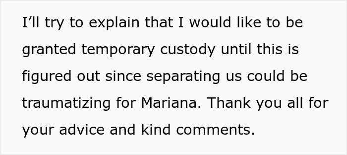 Text from a friend explaining the need for temporary custody of her friend's daughter, concerned about trauma from separation. Text from a friend explaining the need for temporary custody of her friend's daughter, concerned about trauma from separation.
