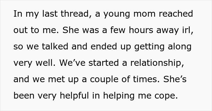 Text from online thread about a young mom starting a relationship and meeting frequently. Text from online thread about a young mom starting a relationship and meeting frequently.