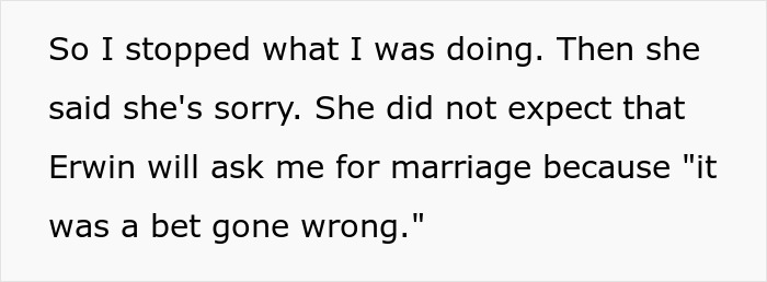 Text revealing bride learns of bet about marriage proposal gone wrong. Text revealing bride learns of bet about marriage proposal gone wrong.