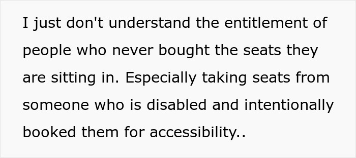 Text about entitlement and seat theft from a wheelchair user booked for accessibility. Text about entitlement and seat theft from a wheelchair user booked for accessibility.